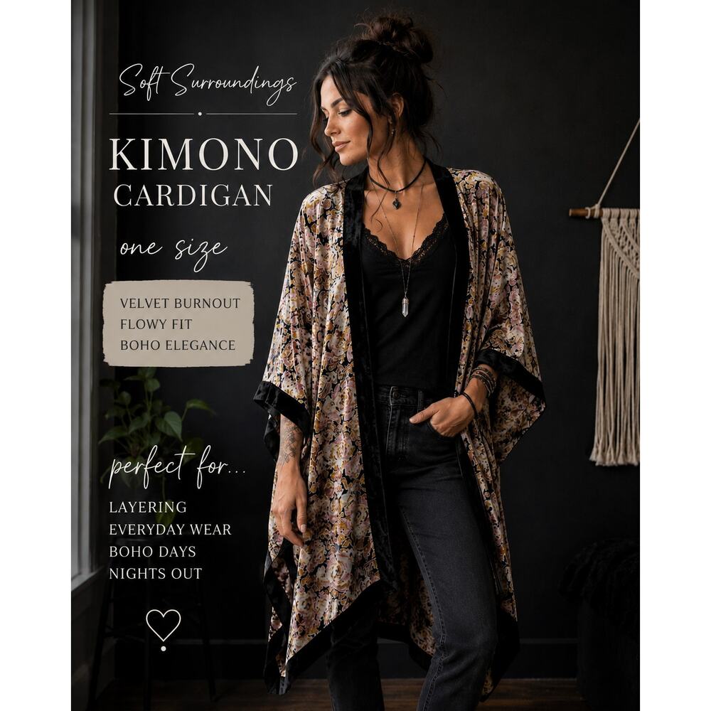 Soft Surroundings Velvet Burnout Kimono Cardigan Floral Dark Boho Whimsigoth